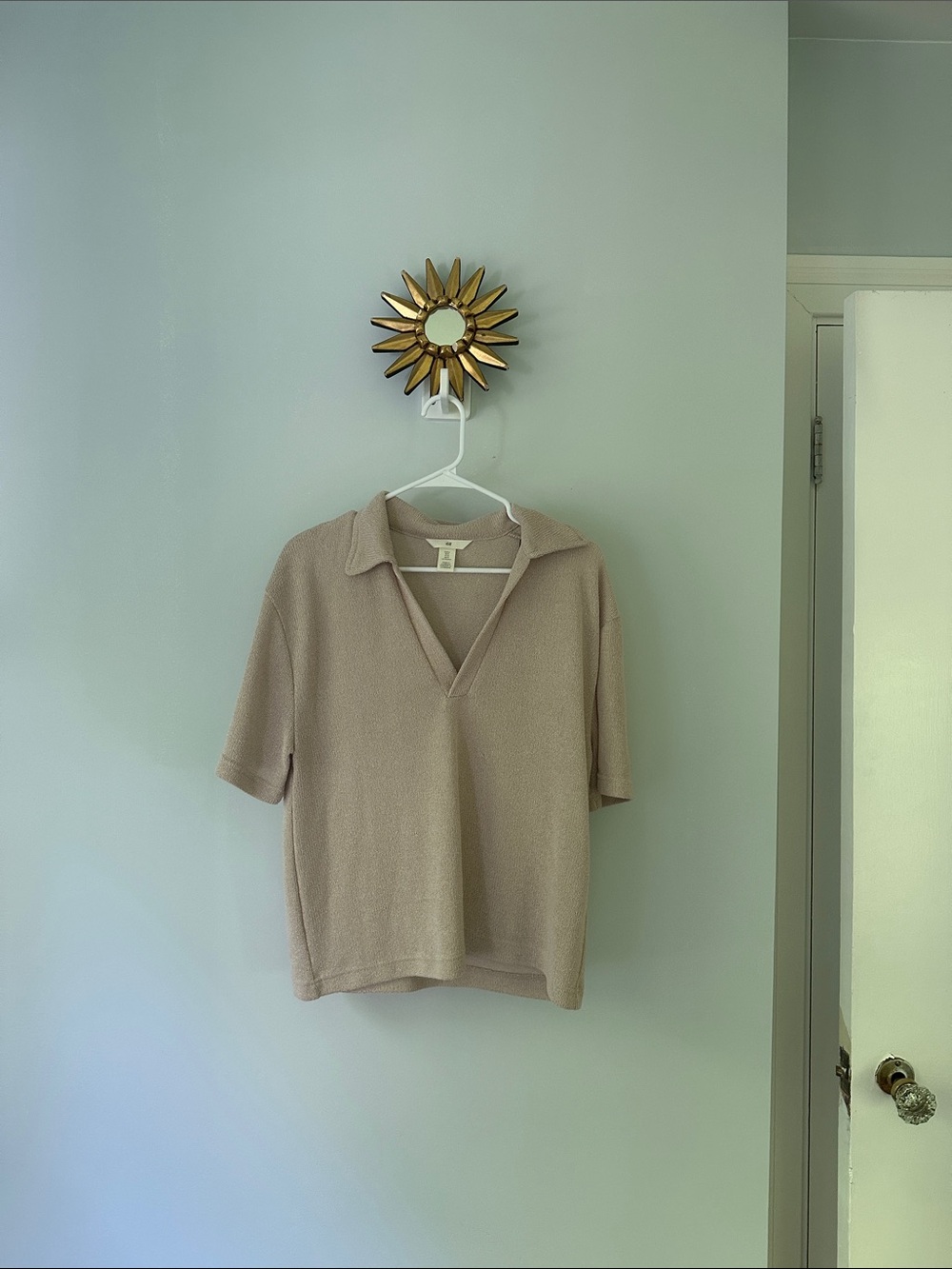 Beige Knit Polo-Style Short Sleeve Top